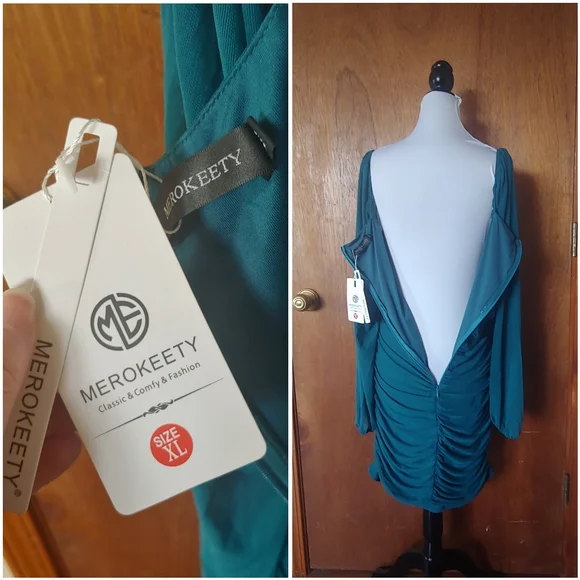 NWT Merokeety Teal Green Blue Mesh Ruched Lanturn Long Sleeve Mini Dress XL - Picture 14 of 16